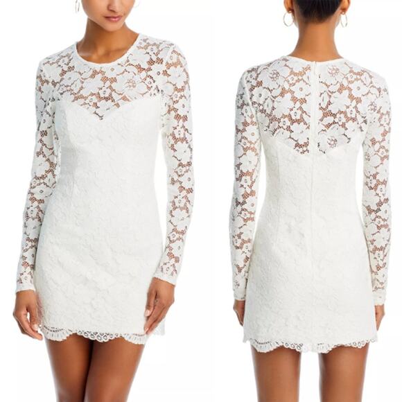 NWT Bardot Breelan Scalloped Hem Sheer Sleeve Lace Mini Dress White Womens Sze 6 - Picture 1 of 16